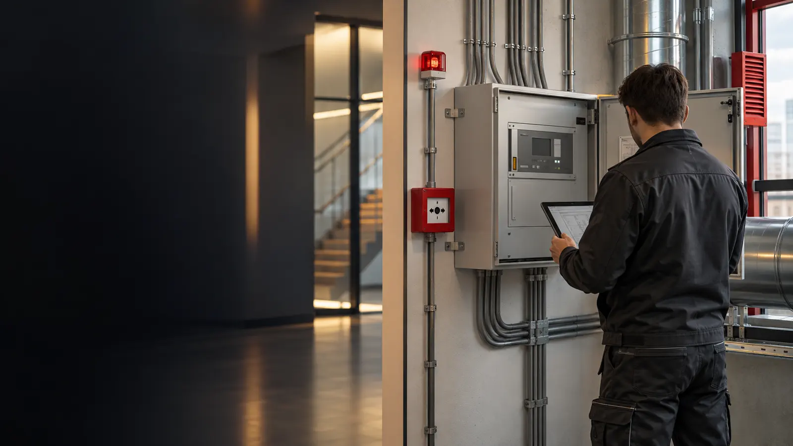 Techniker prüft eine Steuerung für Rauchableitung und Gebäudetechnik