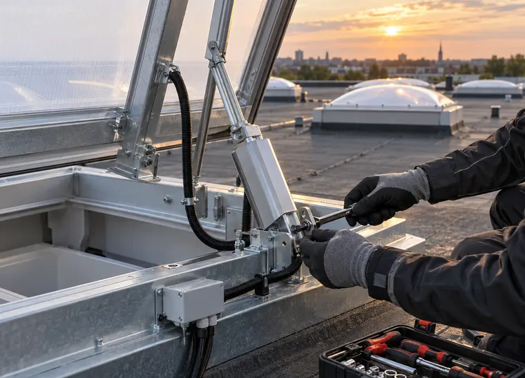 Techniker prüft Antriebstechnik an einer RWA-Rauchabzugsklappe auf dem Dach
