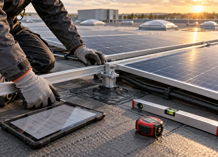Techniker prüft Montageschiene und Abdichtung neben Solarmodulen auf einem Flachdach
