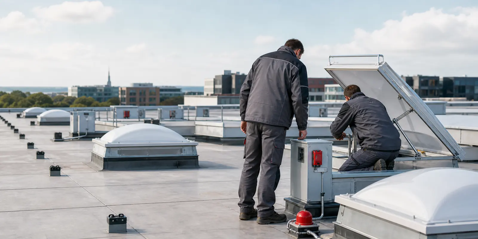 Techniker warten Rauchabzugsanlage und Lichtkuppel auf einem Flachdach