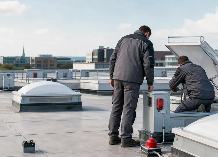 Techniker pruefen eine Rauchabzugsanlage auf einem Dach