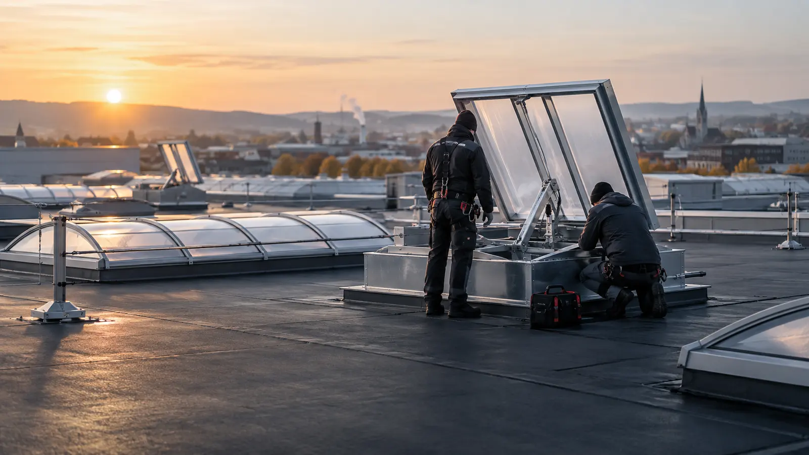 Techniker prüfen RWA- und Dachoberlichttechnik auf einem gewerblichen Flachdach